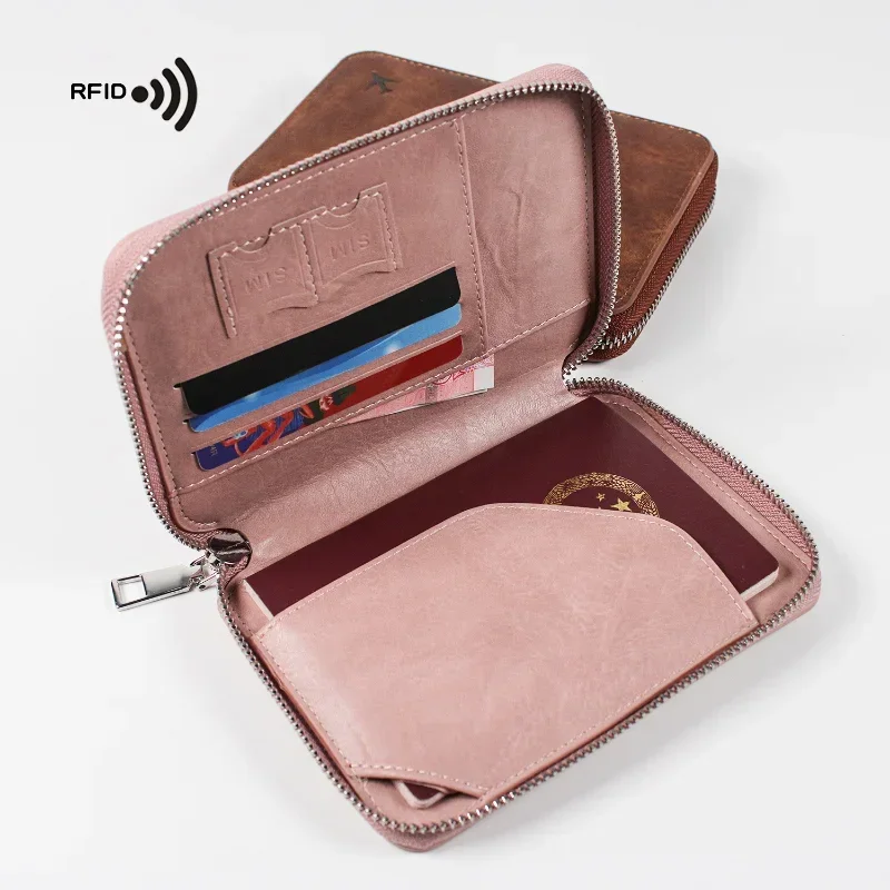 Porte-passeport multifonctionnel avec brosse antivol Rfid, sac à documents, portefeuille de voyage, sac de rangement à fermeture éclair, étui en cuir