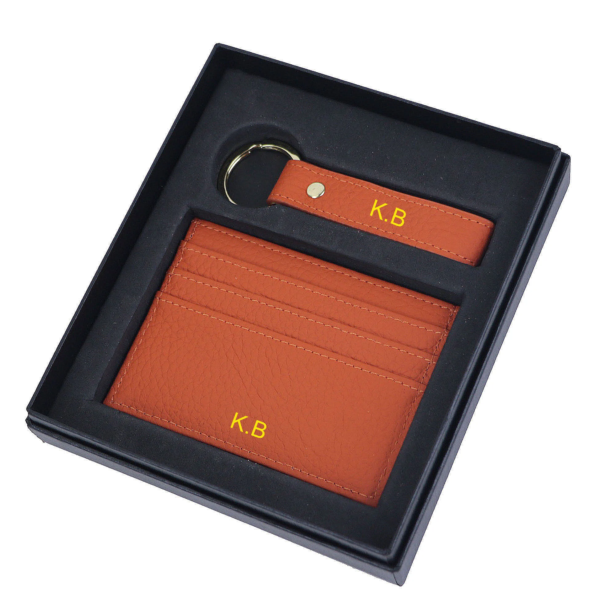 Free Personalisation Initials Pebble Real Leather Keychain Card Holder With Gift Box Cowhide ID Coin Purse Keyrings Gift Set