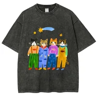 Camisetas con estampado de gatos estéticos coloridos Vintage lavados para hombres y mujeres, camiseta informal de moda de gran tamaño
