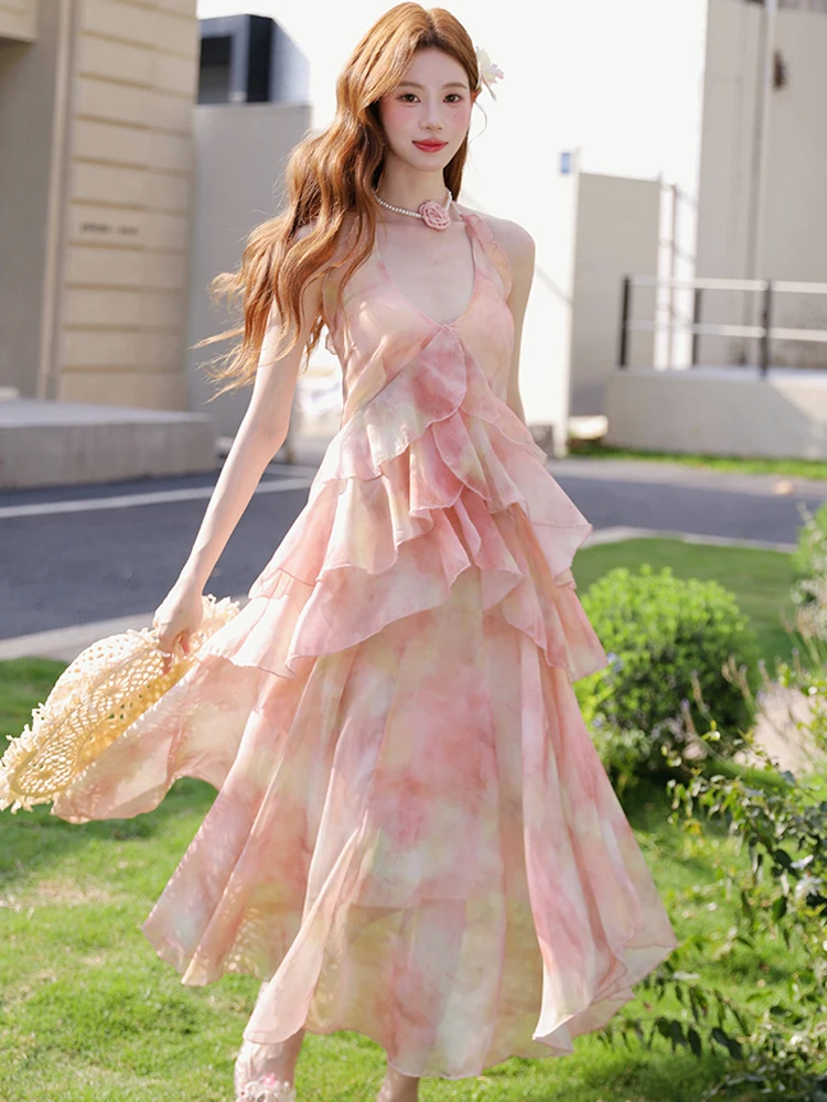 Summer Pink Floral Chic Ruffled Casual Long Dress Women Elegant Beach Style Sling Dress 2026 Korean Fashion Bodycon Party Dress