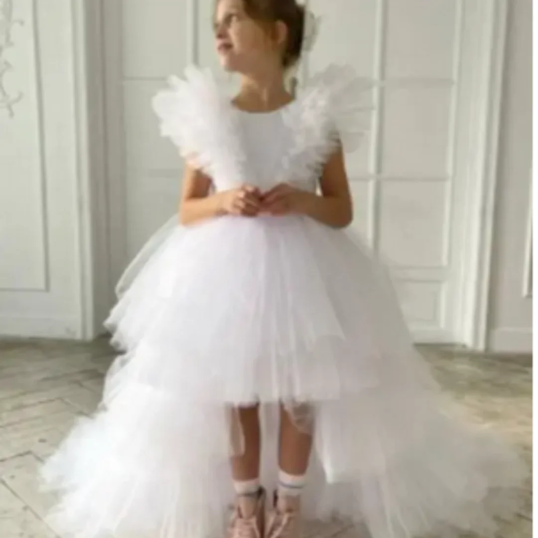 

Glitter Puffy Lace Flower Girl Princess Dress With Bow Crystal Scoop Evening Prom Dress Nude Ruffles Sleeveless Girl Wear