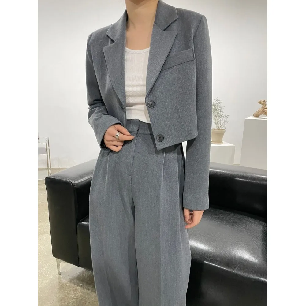 シックな韓国風レディーススーツセット カジュアルルーズロングパンツ ジャケットツーピースセット 秋ファッションアウトフィット ロングスリーブ...