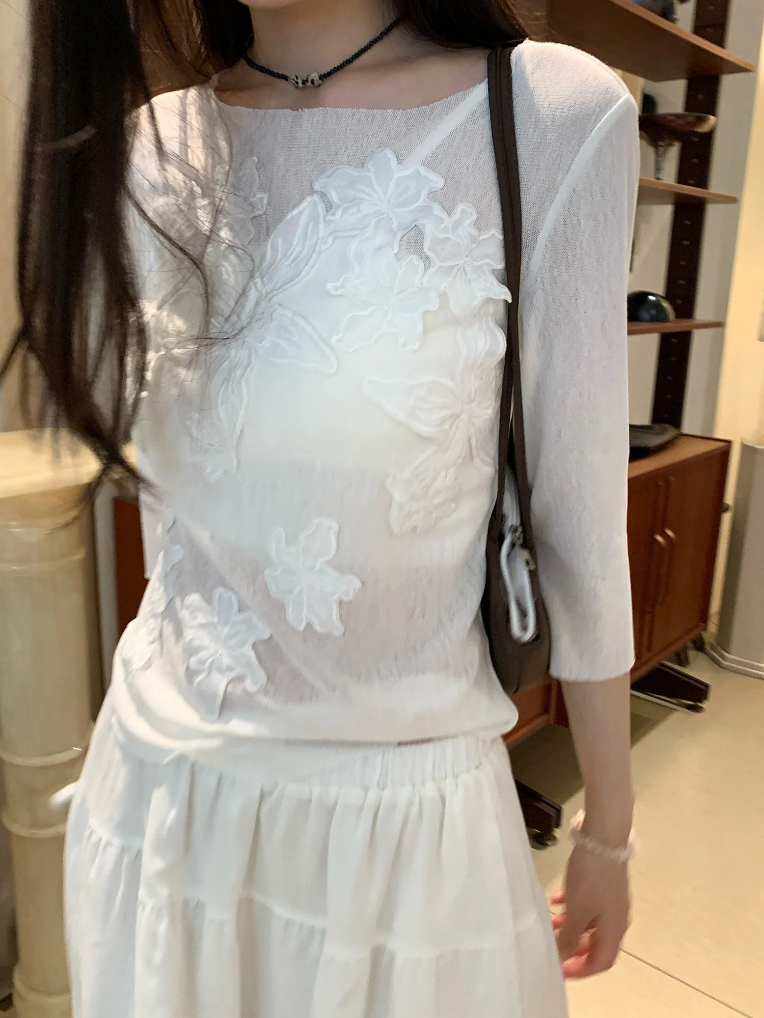 Sinbounboun Floral Air Conditioning Sunscreen T-Shirt Thin Seven-Sleeve Transparent Sleeveless Vest French Style Cotton Polye...