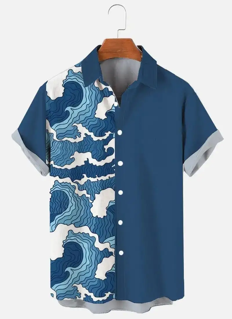 Herrenhemden mit Wolken- und Wellenmuster, 3D-Druck, Oberteile, Sommer, neues Freizeithemd, Revers mit Knöpfen, kurze Ärmel, Unisex-Kleidung