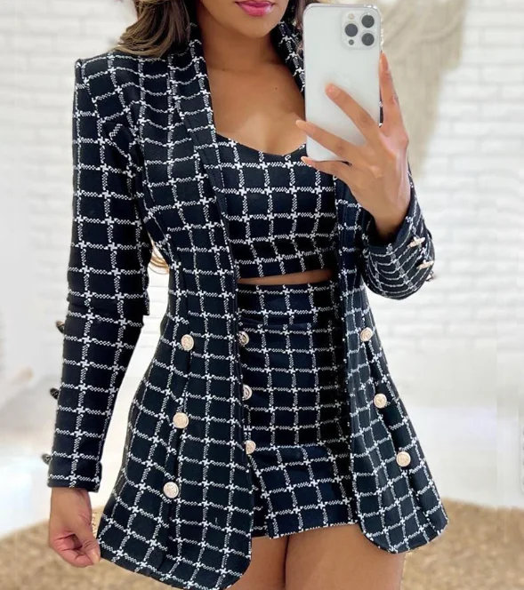 

3Pcs Women Outfit 2024 Autumn Fahsion Houndstooth Print Shawl Collar Long Sleeve Blazer Coat & Elegant Shorts Set with Crop Top