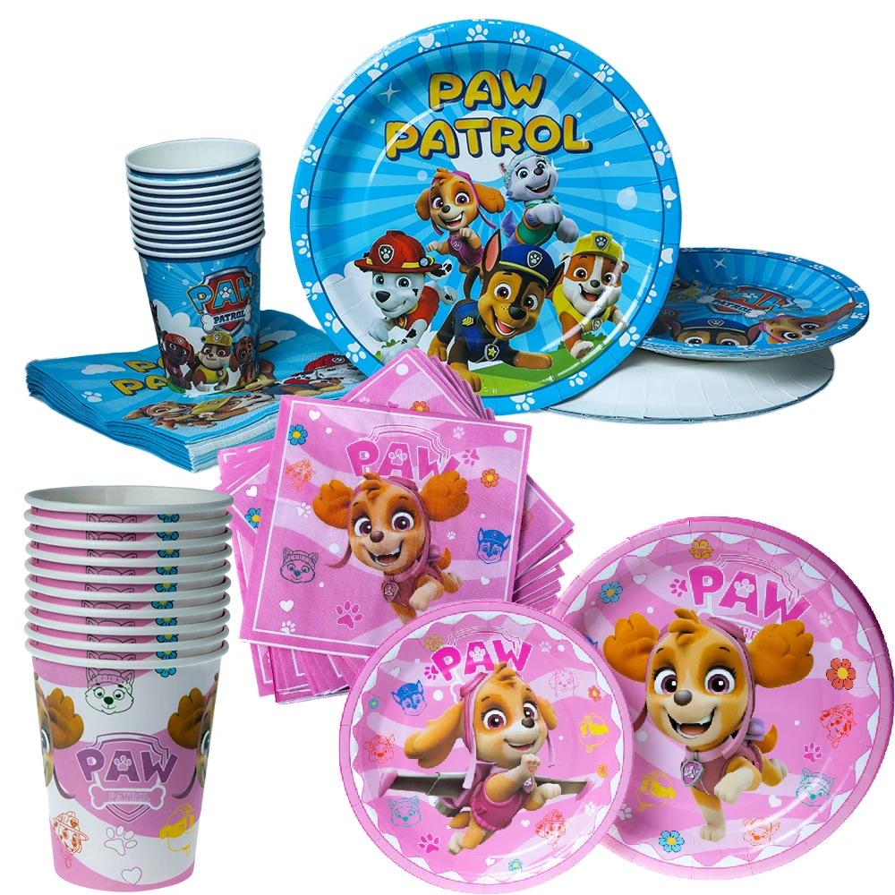 새로운 Paw Patrol 식기 개 파티 장식 컵 플레이트 냅킨 어린이를위한 일회용 식기 종이 컵 홀더 선물 완구