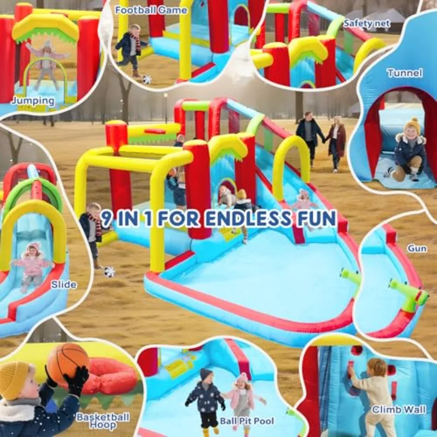 Aufblasbare Hüpfburg mit Gebläse zum Aufblasen, Springen, Hüpfburg mit Rutsche, Kletterwand, Basketball, lustiger Tunnel, Fußball, P