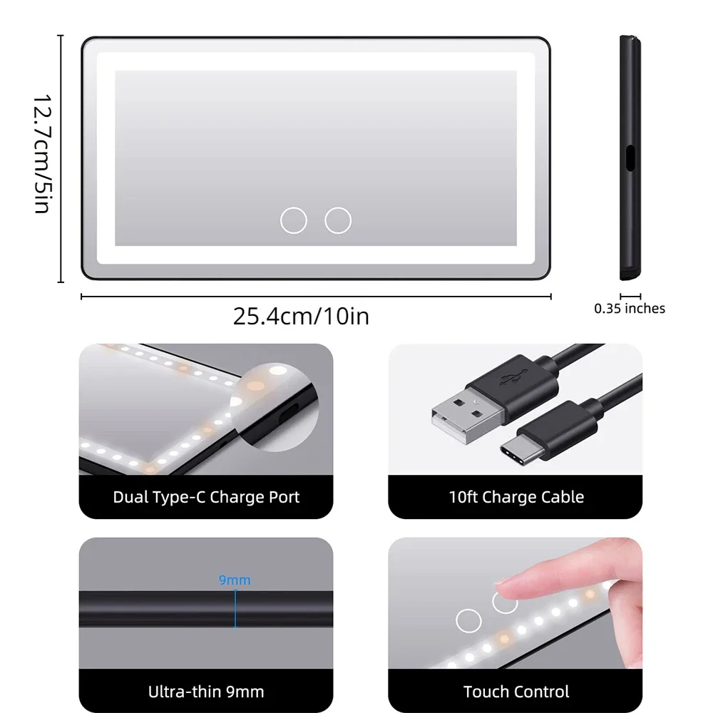 車のサンバイザーバニティミラー、充電式メイクアップミラー、3つのライトモード、60個のLED、調光可能なクリップオンリアビュー、日焼け止めco