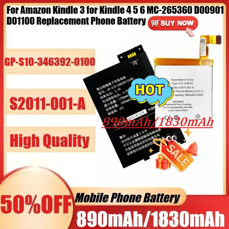 

For Amazon Kindle 3 for Kindle 4 5 6 MC-265360 D00901 D01100 Replacement Phone Bateria NewGP-S10-346392-0100/S2011-001-A Battery