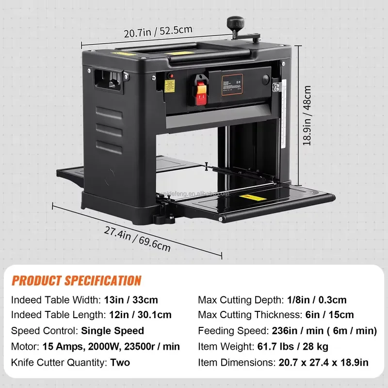 Electric Thickness Planer Benchtop 13inch Wood Planer with 3 Blades Two Speed 15-Amp 2000W for DIY Woodworking Planing