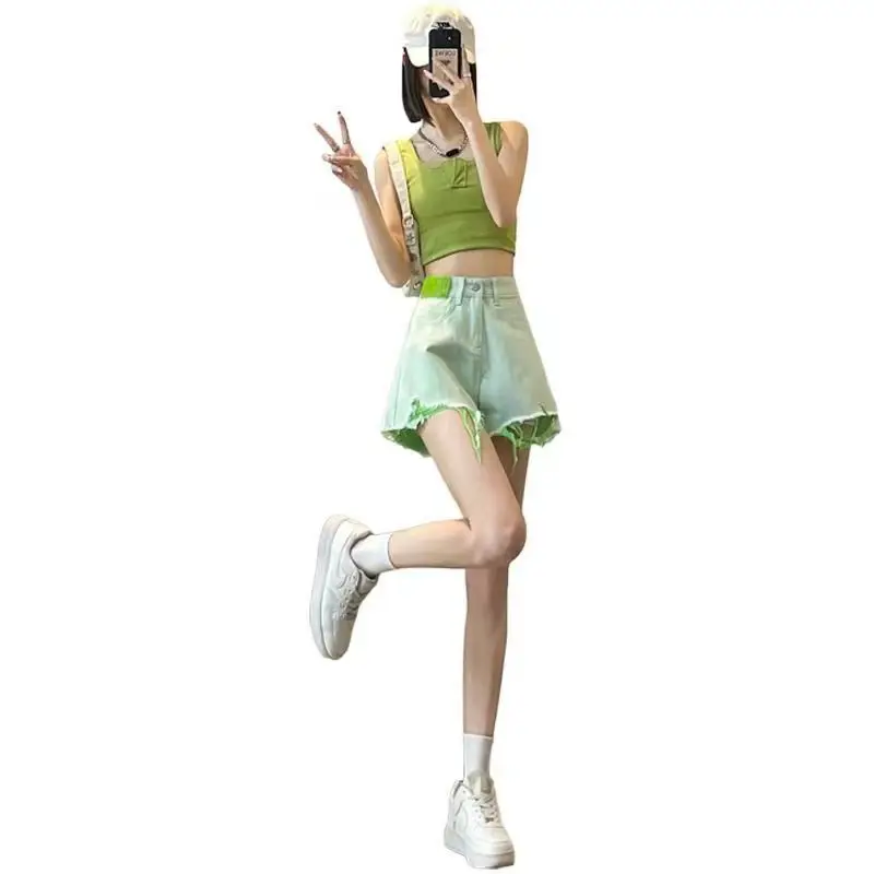 Short en jean déchiré vert clair pour femme, pantalon chaud, taille haute, petit homme, ample, jambes larges, été, 2025