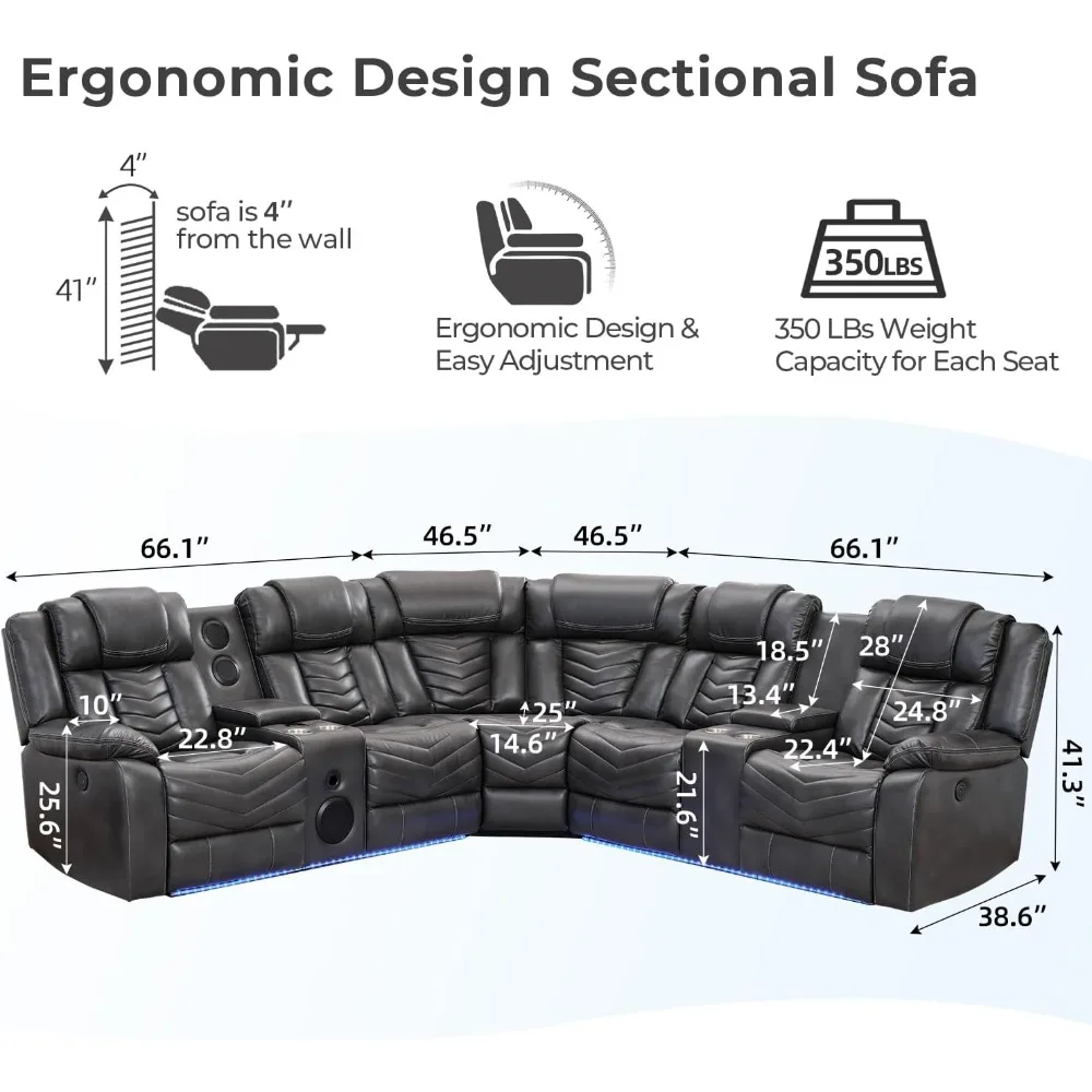 Power Recliner Sectional Sofa Couches with Bass Speakers for Living Room, Leather Reclining Corner Sectionals Sofa Couch Sets