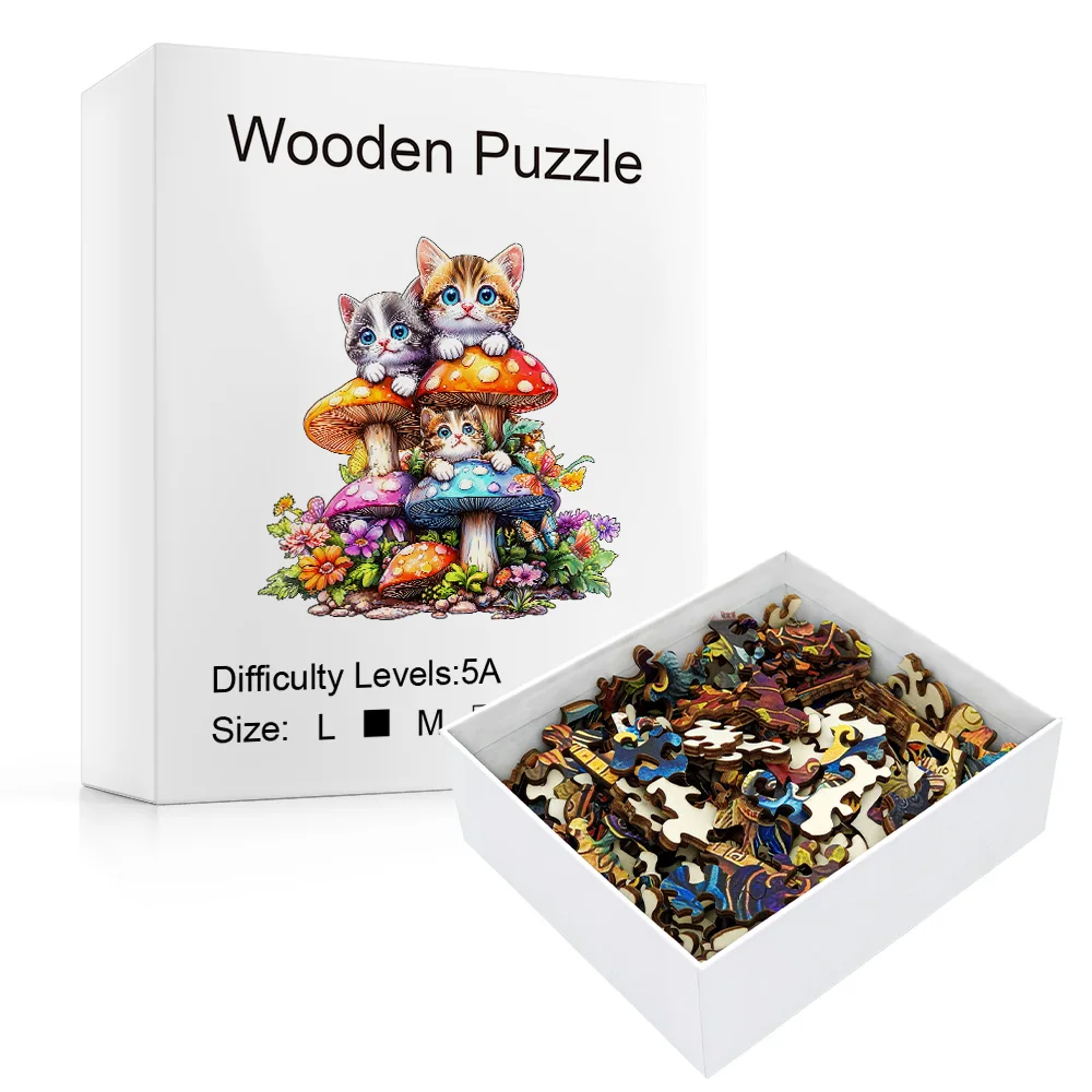Wooden Puzzles for Adults, Cat Family Wooden Jigsaw Puzzles for Adults, Mushroom Kitten Wood Puzzles Adult, Unique Animal Shape