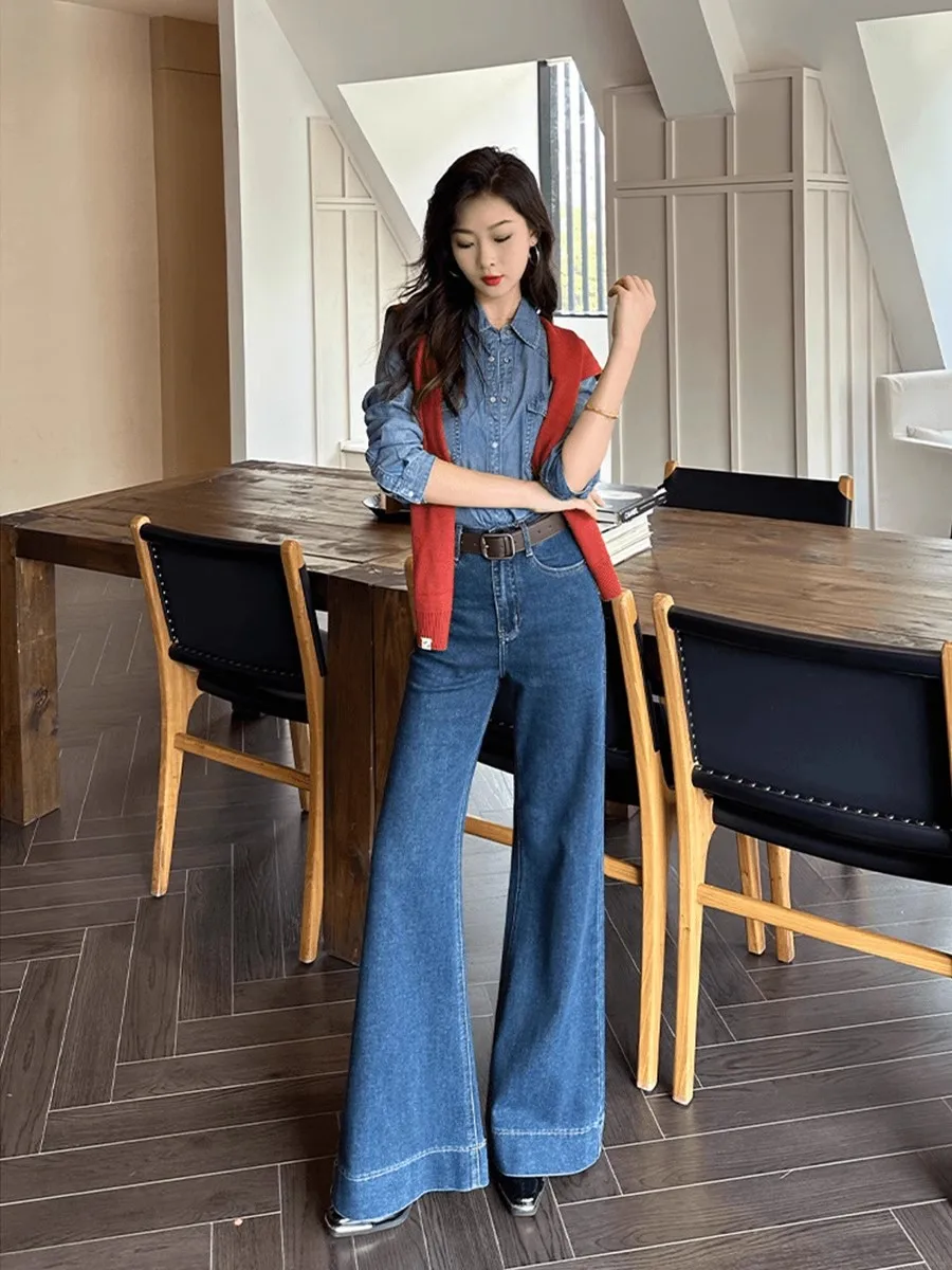 

Retro Loose Fit High Waist Bell Bottom Jeans Women's Autumn Long Pants Wide Leg Casual Slimming Blue Denim Skinnies