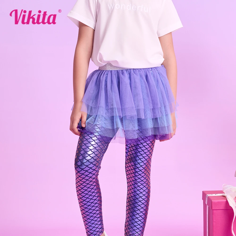 VIKITA Girls Mermaid Print Leggings with Skirts Fake 2 Pcs Children Trousers Skirt Casual Outer Trousers Mesh Tutu Skirts Pants