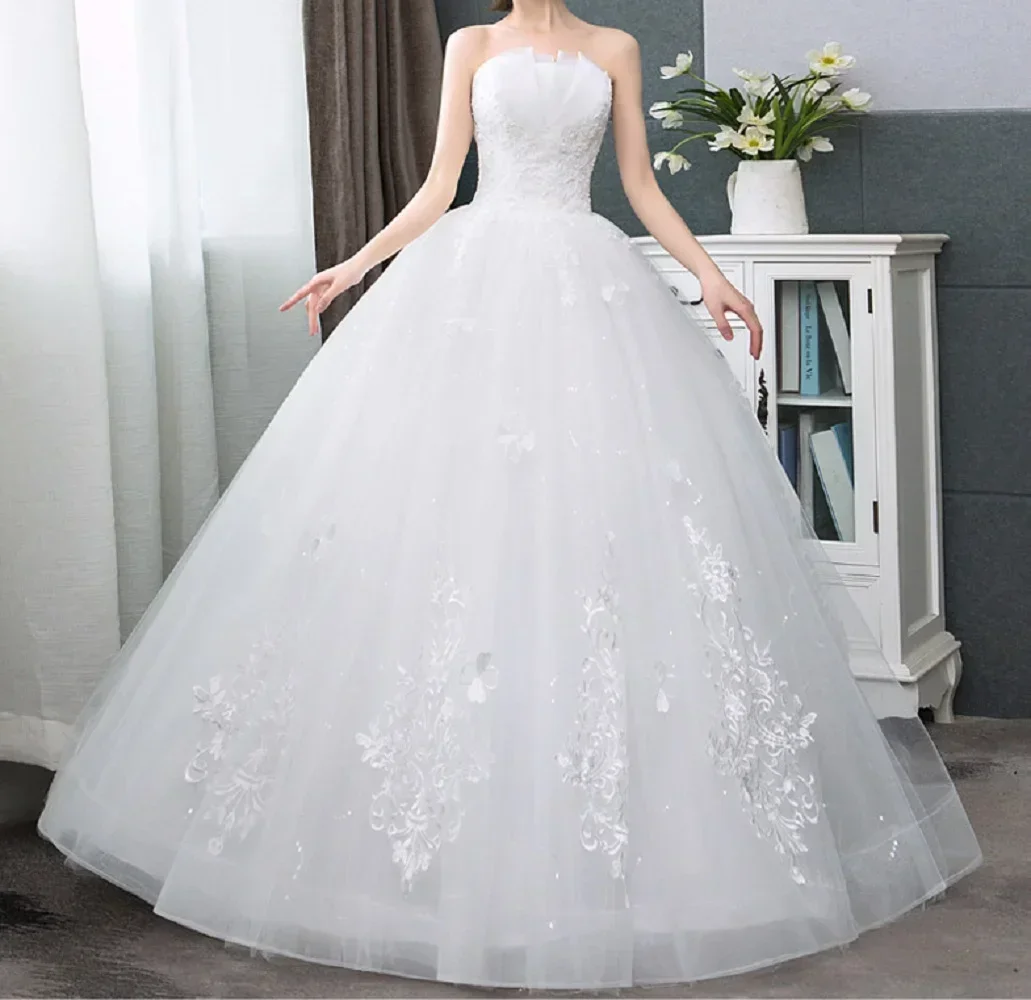 

Elegant Strapless Lace Wedding Dresses Sexy iace up back Appliques Beaded Bridal Gown Bride Dress