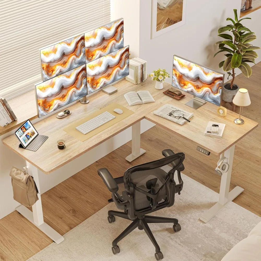 Bureau debout en forme de L, hauteur réglable, bureau d'angle électrique, Table d'ordinateur assise de 63x55 pouces avec épissure
