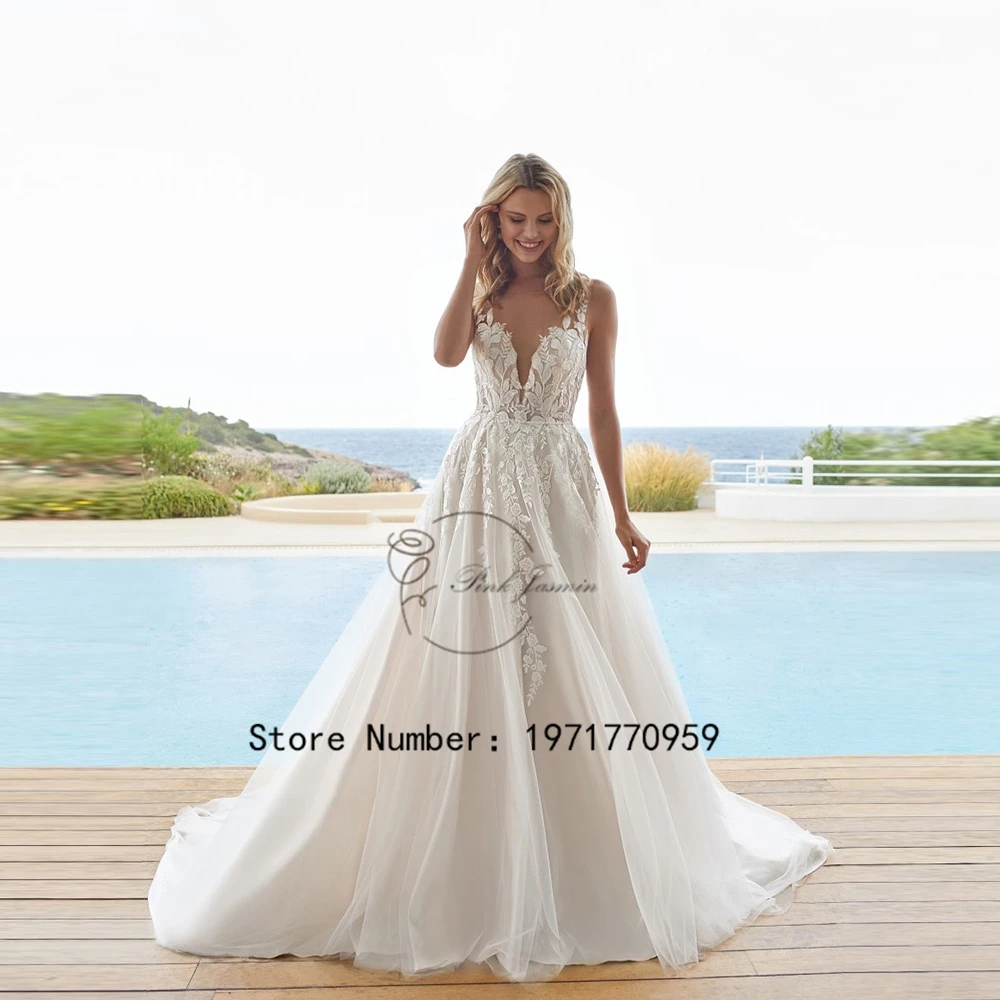 

Beach Classic Wedding Dress For 2024 Bride Sleeveless V-Neck Applique Elegant Backless A-Line Tulle Bridal Gowns Robe De Mariée