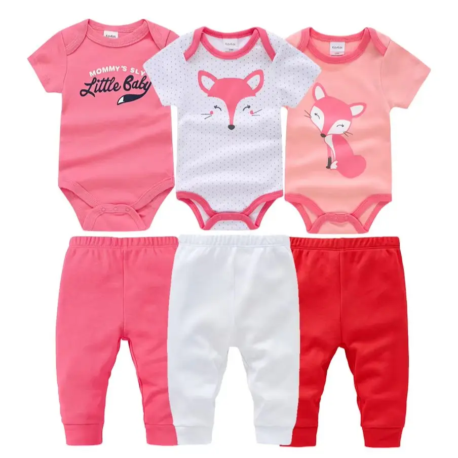 6Pcs/Set Newborn Baby Girls Outfits Cotton Short Sleeve Fox Print Bodysuit + Long Pants 0-12M Infant Clothing Set