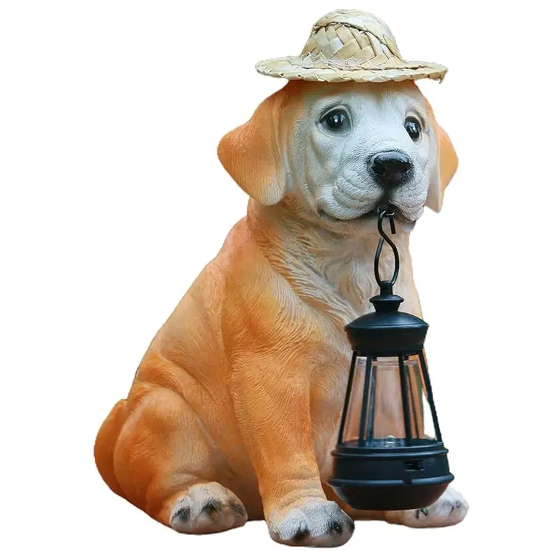 A21Q -Garden Dog Statues - Adorable Resin Dog Figurines With Straw Hat And Solar LED Lantern, Puppy Decor Outdoor Solar Light