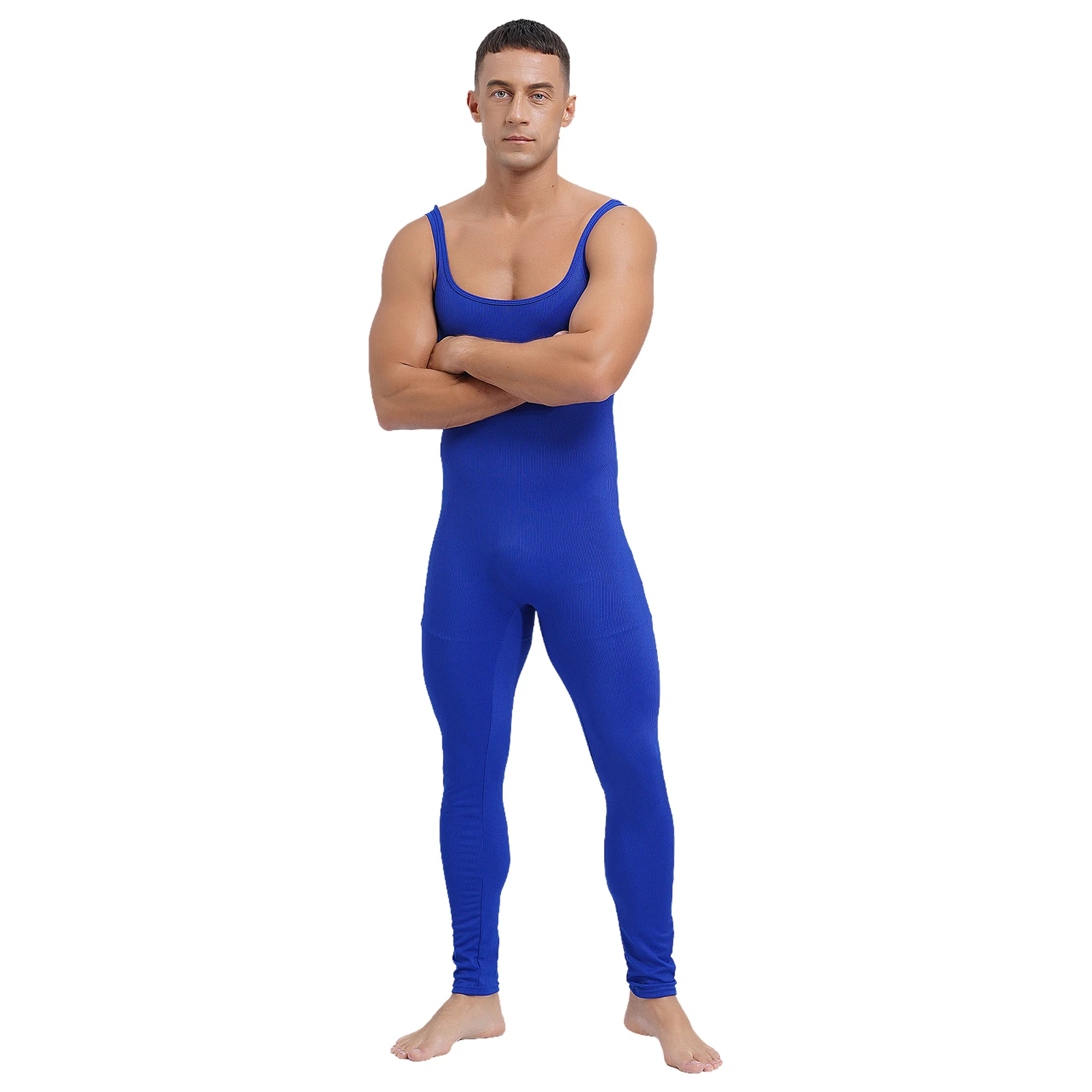 Mens Athletic Jumpsuit Square Neck Sleeveless Leotard Ribbed Striped Tank Unitard Wrestling Singlet Workout Yoga Bodysuit Romper
