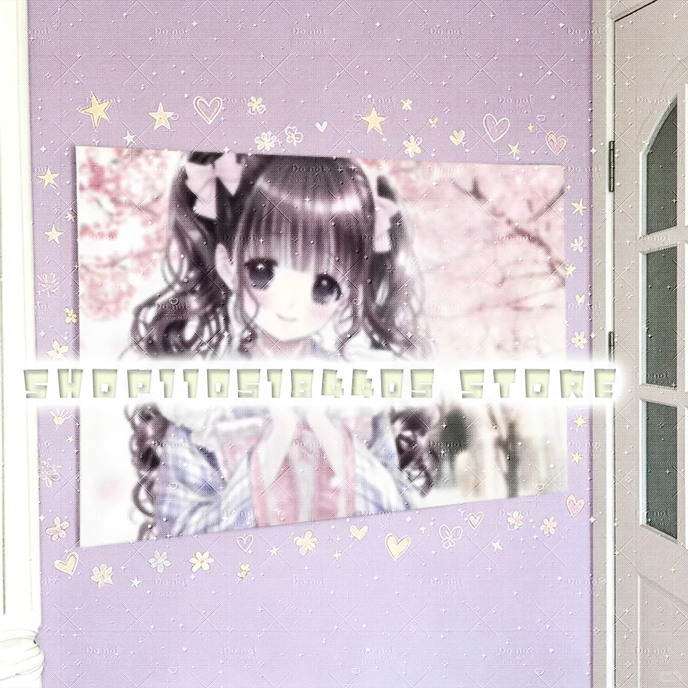 ワフコケット Wafu Coquette Tapestry, Bashful Twin Curly Pigtail Shoujo Anime Character in Purple Blue Plaid Wa Lolita Outfit, White La