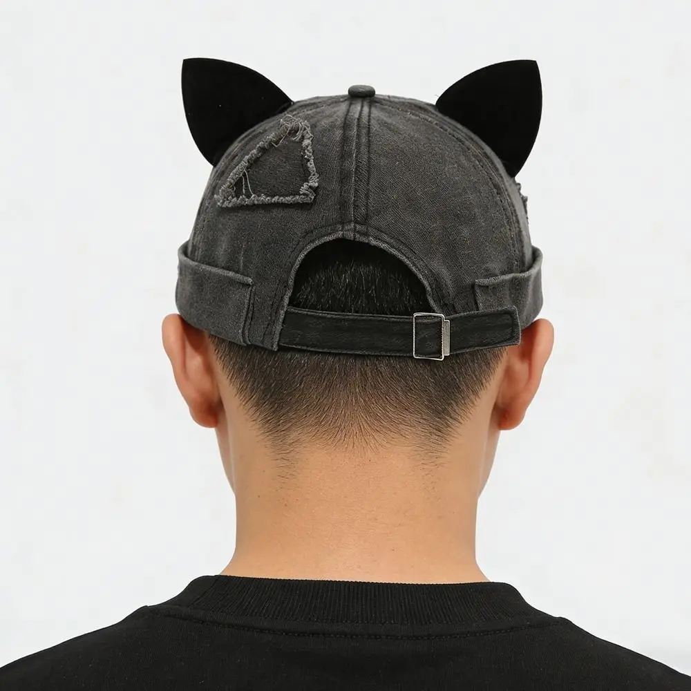 Retro Style Cute Cat Ears Brimless Hat Adjustable Rolled Cuff Melon Docker Cap Hip Hop Solid Color Docker Cap Daily
