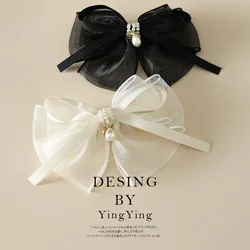 Fashion Organza Bow Pearl Ribbon Hair Clip for Women Korean Sweet Gauze Spring Clamp Hairpin Headdress Wholesale