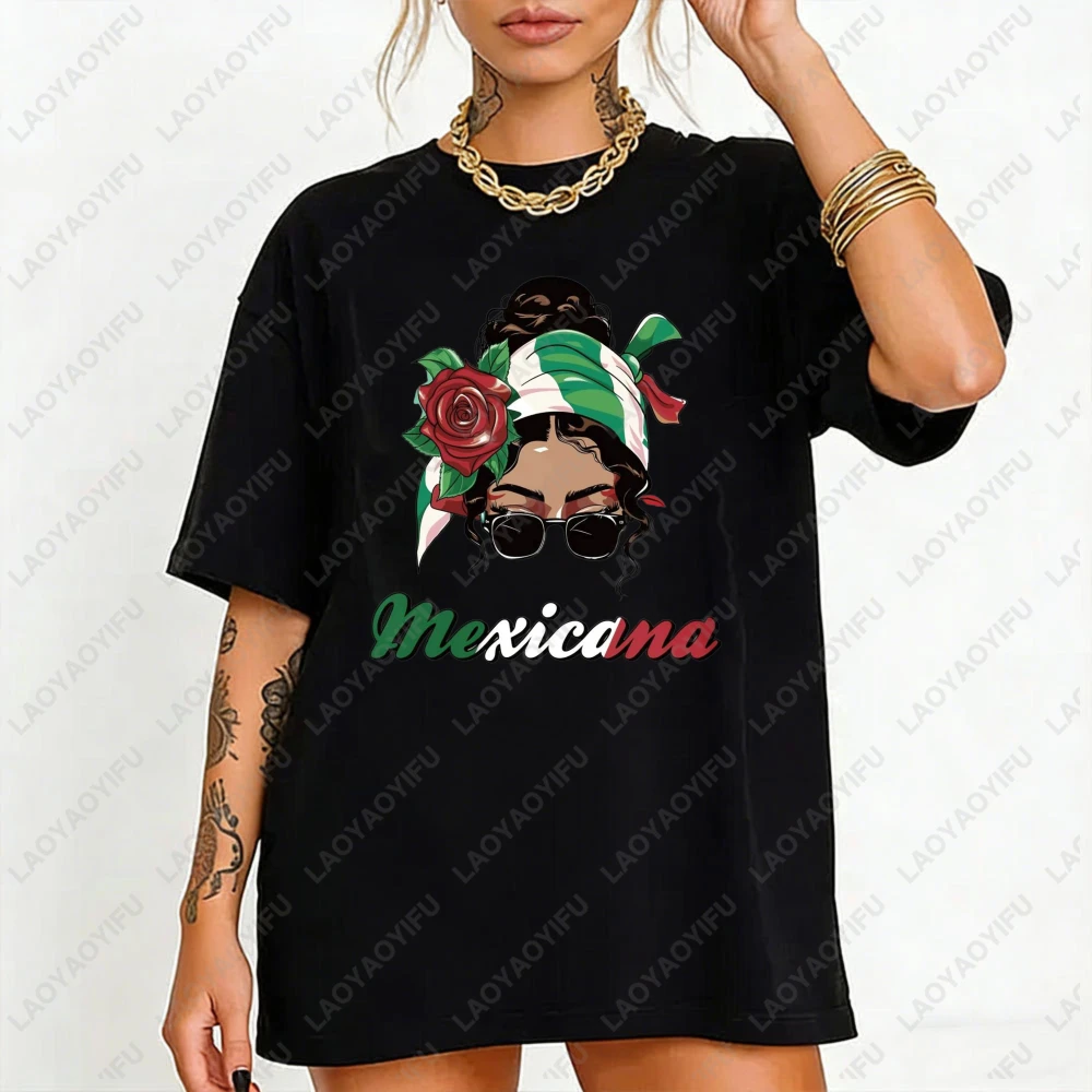 

Women's Short Sleeve Crew Neck T-Shirt Mexican-Inspired Floral Text Graphic Print White Casual Summer Top with Rose Leaf Design