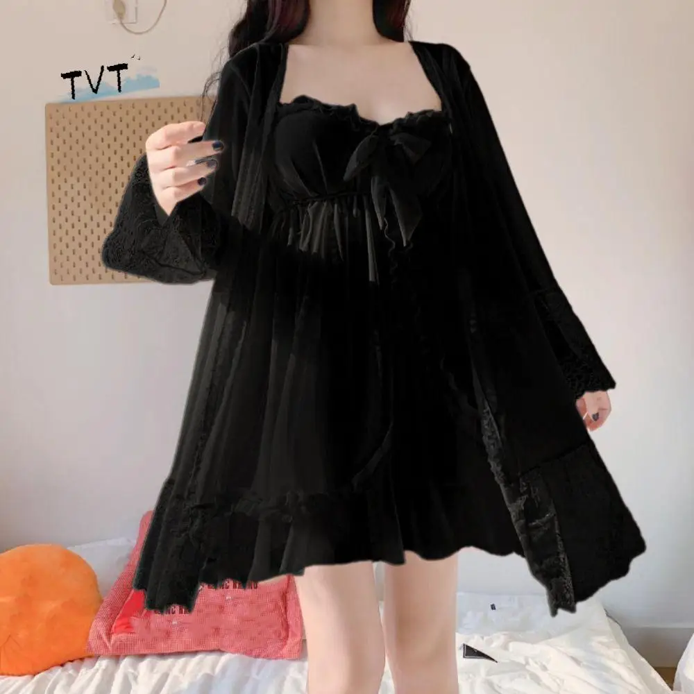 

Lace Bowknot Women Pajama Dress Nightgown Ruffle Homewear Suspender Nightdress Set Sleeveless Sleepwear Sleeping Dress Robe Set