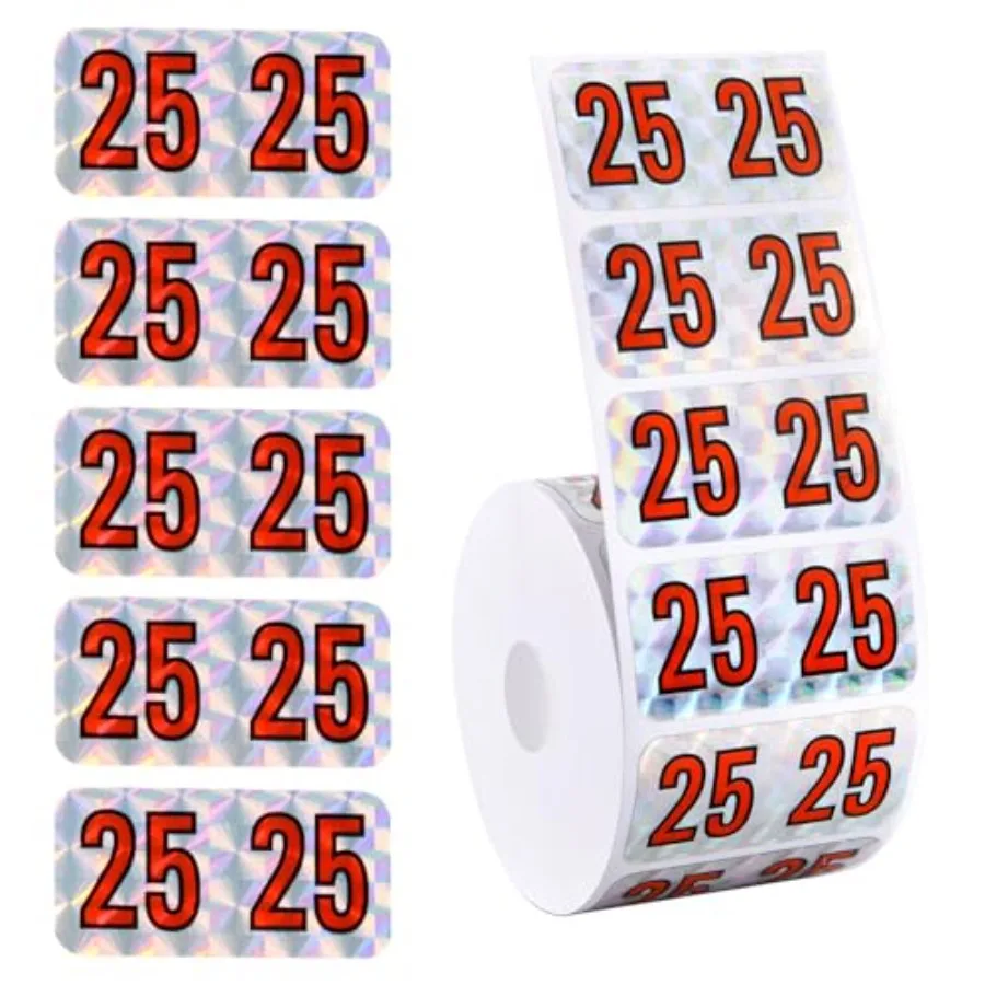 

500pcs Holographic 2025 New Year Stickers 0.74x1.49in Color Coded Number Labels for File Folders Office Chart Supplies Red