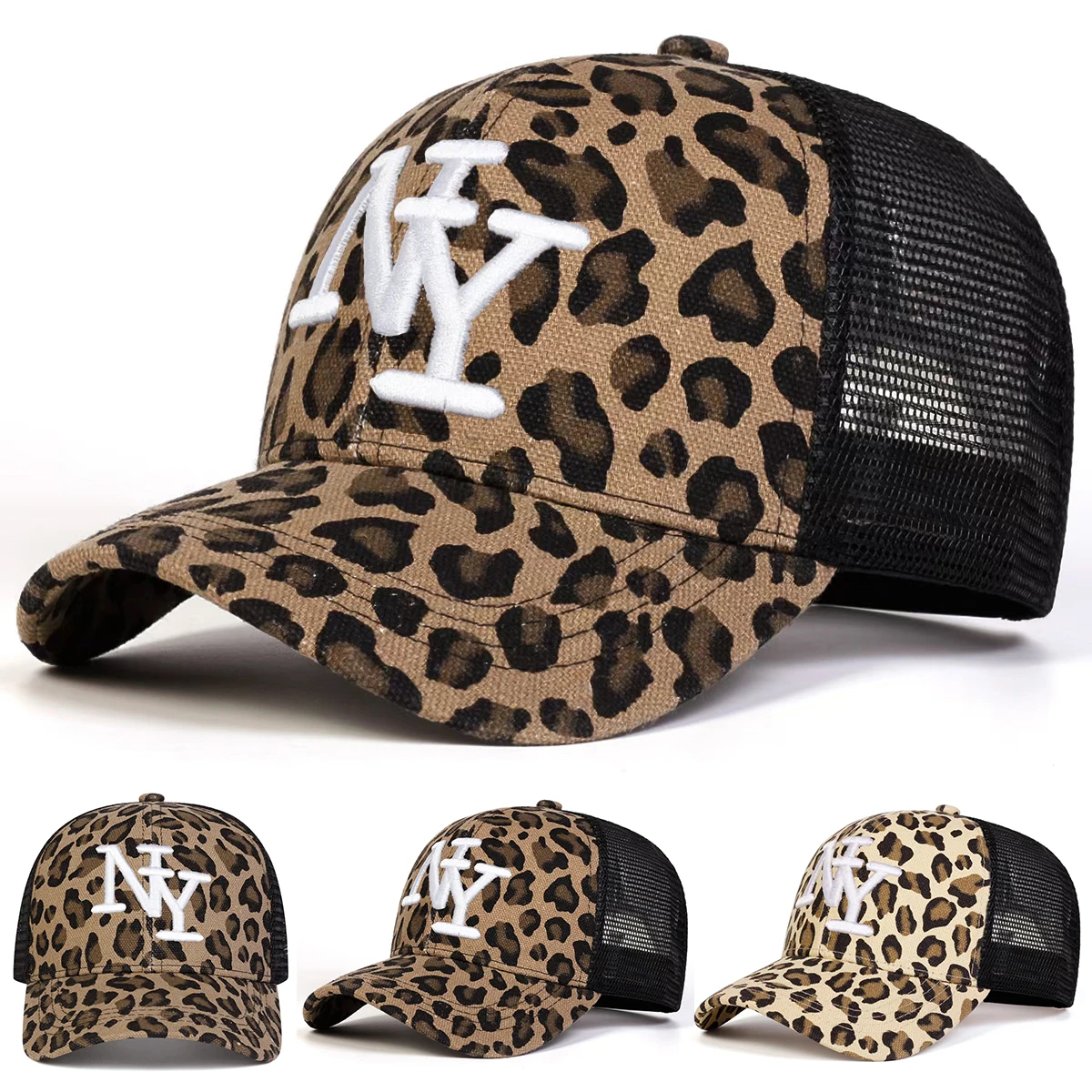 Unisex NY Letter Embroidery Leopard Print Baseball Net Caps Spring Summer Outdoor Adjustable Casual Hats Sunscreen Hat Sports