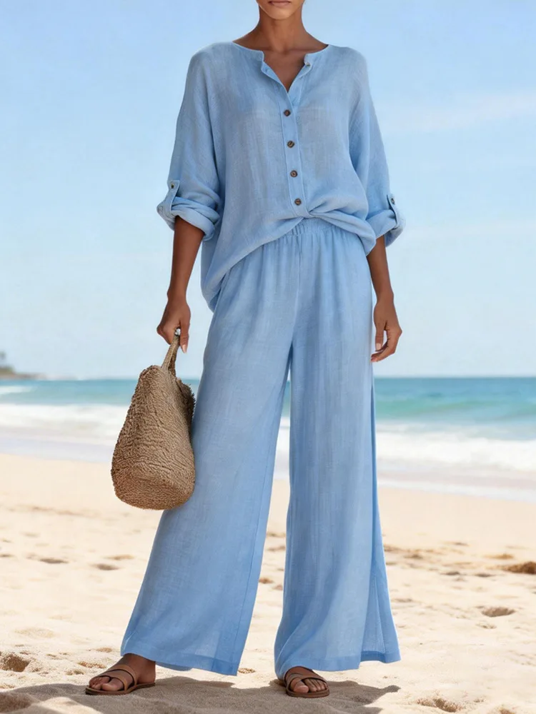 

Ultra-Comfortable Set V-Neck Breathable Cotton Suit Relaxed Wide-Leg Cotton Ensemble Ladies Coordinated Two-Piece Set