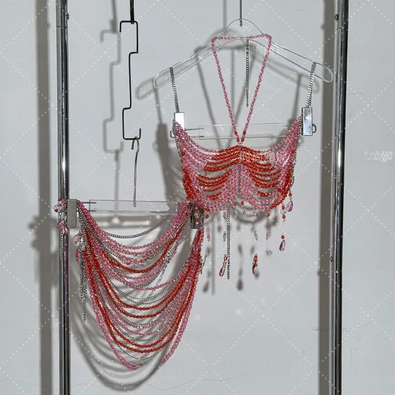 

Модный сексуальный женский топ с цепочкой для тела Yan, модная юбка с бисером, облегающий крой, лето 2025 г.