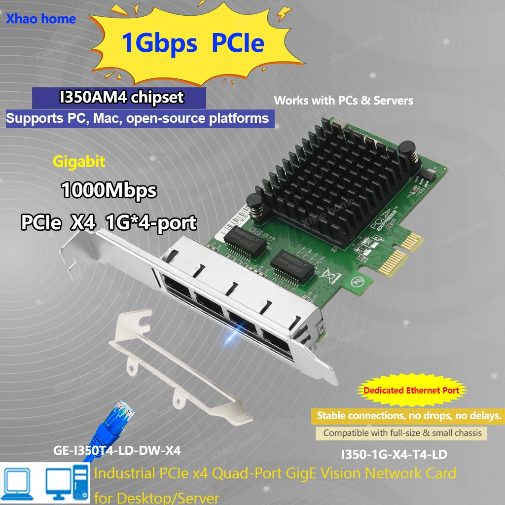 

Промышленная четырехпортовая гигабитная Ethernet-карта PCIe X4 Чип 1350AM4 4x 1G порты RJ45 Vision/настольный компьютер/сервант для Windows/Linux/Mac os
