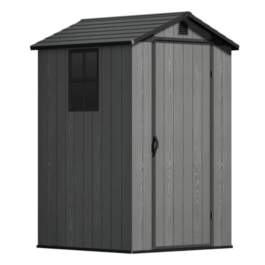 4×4 FT outdoor garden storage shed with floor, plastic construction, dark gray color, includes windows for patio backyard lawn