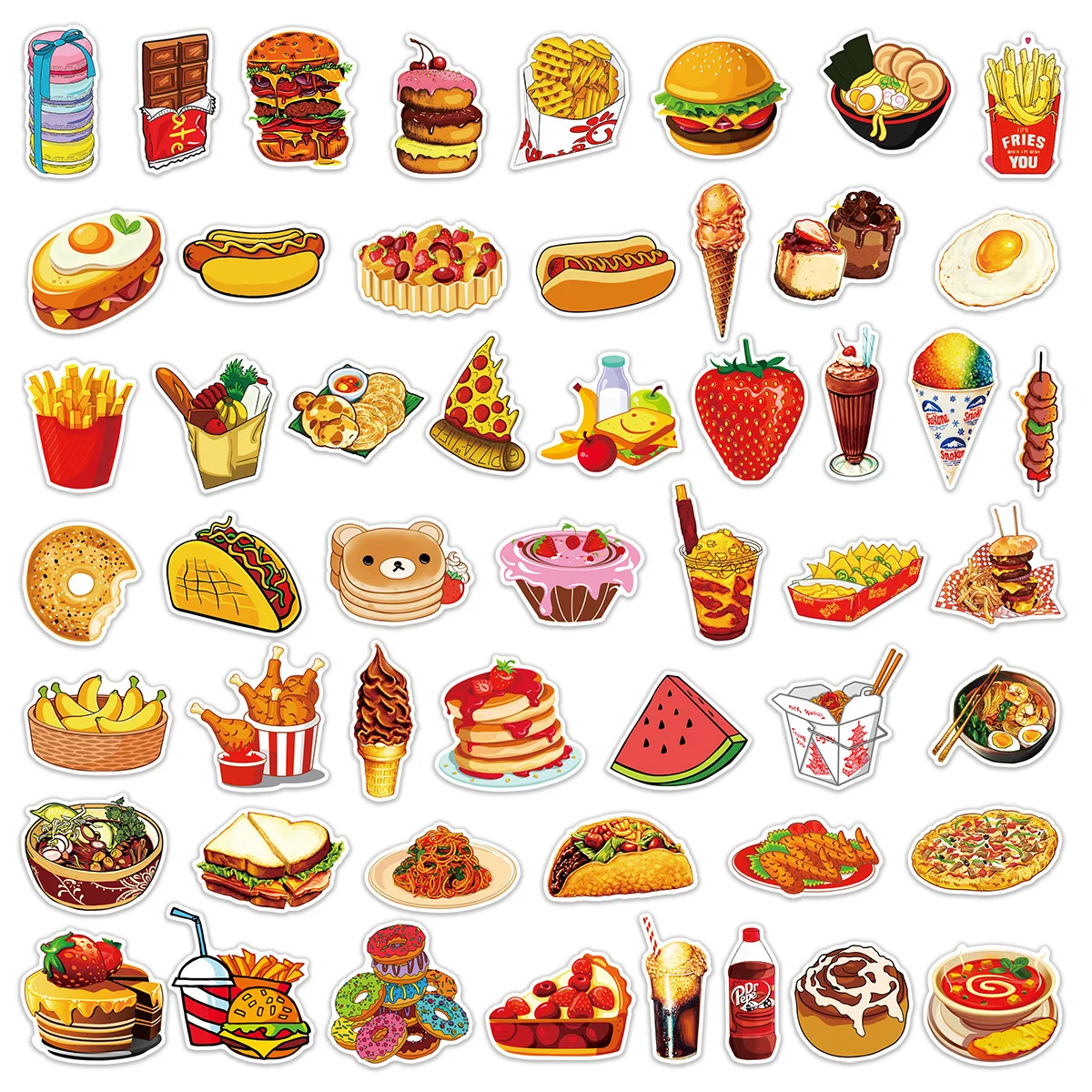 50PCS Delicious Food Drink Stickers Cute Cartoon Graffiti Decals DIY Phone Motorcycle Stationery Fridge Car Wall Sticker