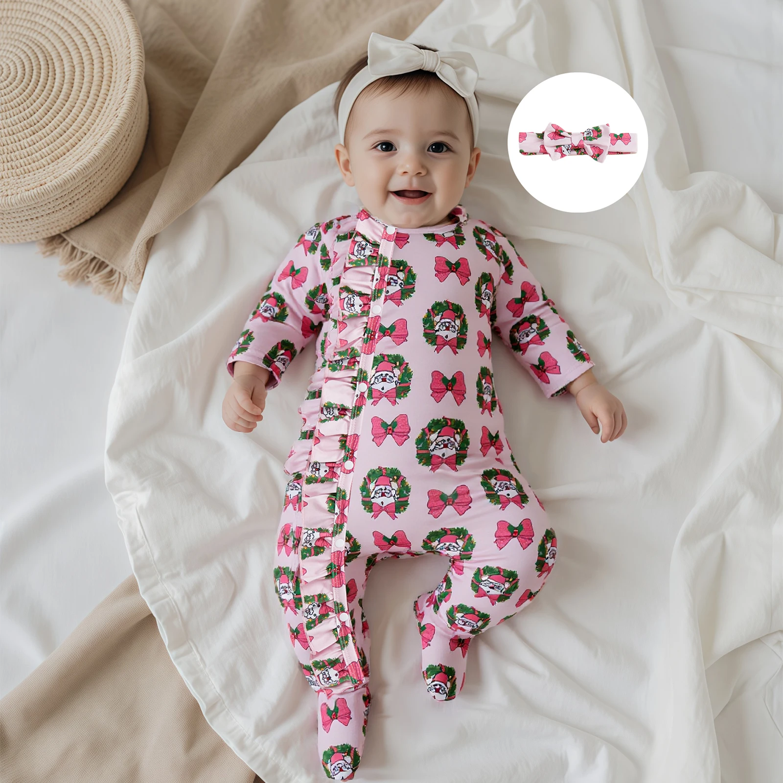 

Infant Girl 2Pcs Outfits Christmas Long Sleeve Santa Claus Bow Print Footed Romper with Headband Set