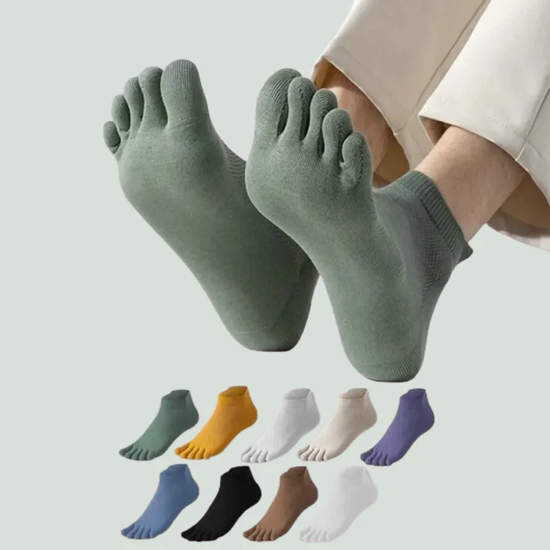 Five-Finger Split Toe Socks dos homens, cor sólida, macio, malha, respirável, algodão, curto, barco, esportes ao ar livre, verão, 3 pares, 5 pares