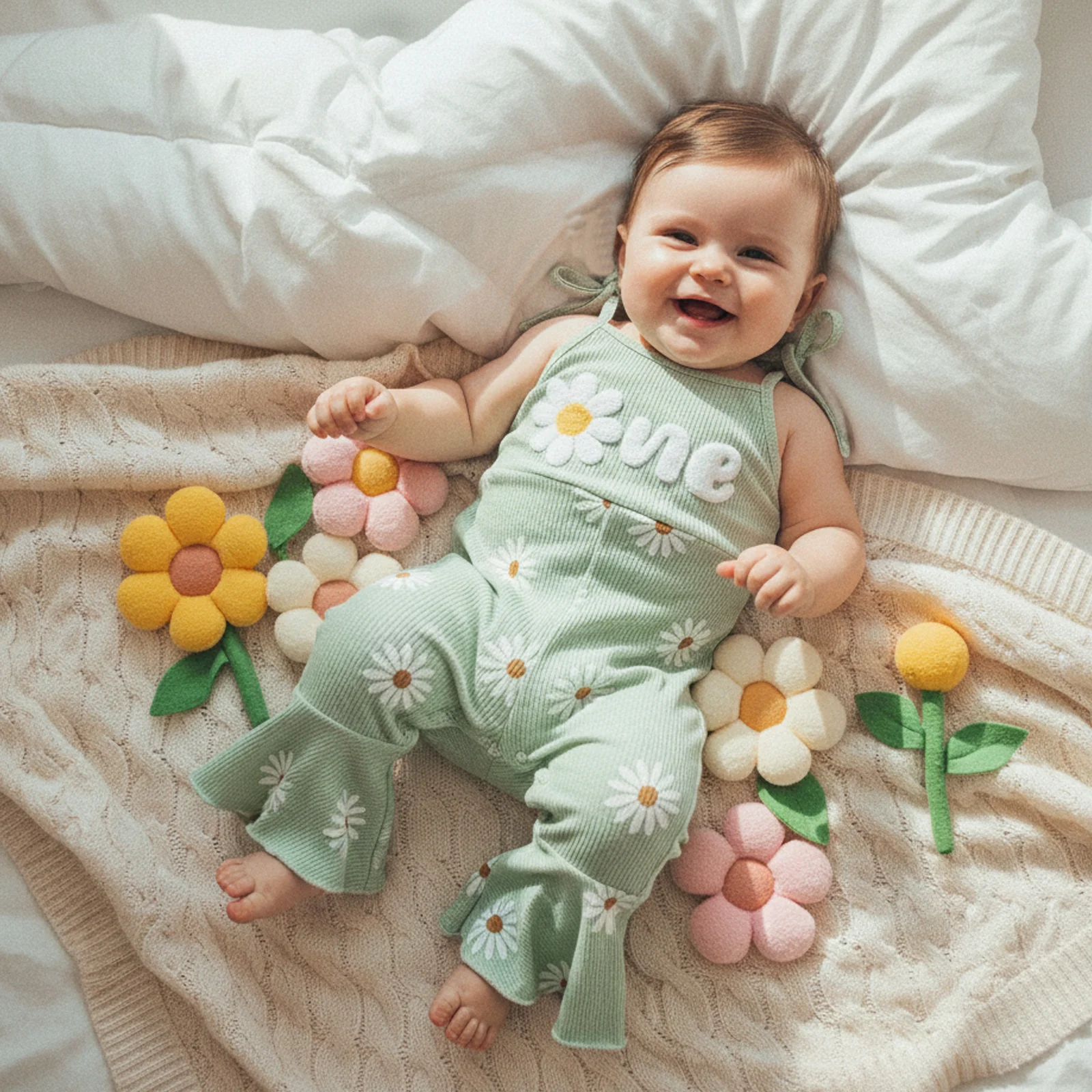 Baby Girls Birthday Overalls Cute Flower Embroidery Sleeveless Square Collar Bell Bottoms Jumpsuit Cute Infant Holiday Outfits
