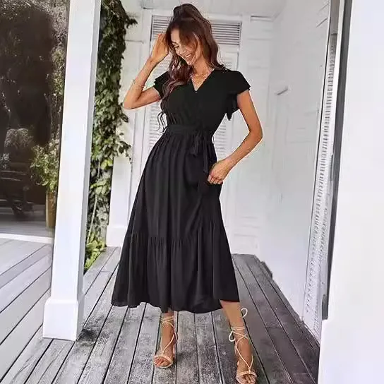 

Cross Border European and American Foreign Trade 2024 Summer Women's Casual V-neck A-line Skirt High Waistband Mid Length Dress