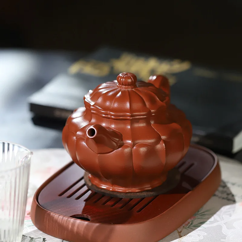 High-End Handmade Purple Clay Pot Premium Tea Set Original Ore Yixing Dahongpao Ribbed Pattern Teapot 440ML