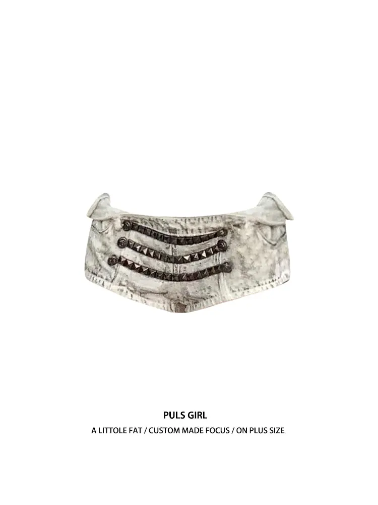 Shorts de mezclilla retro de cintura baja con cadena decorativa, estilo nuevo de verano para mujer, pantalones cruzados vintage estilo americano para chica moderna