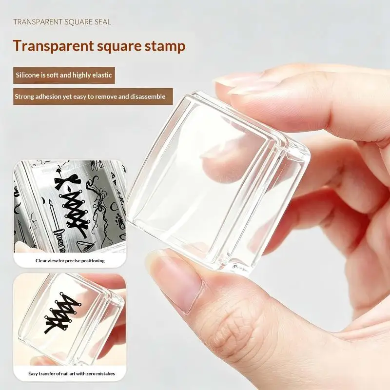 Square Nails Art Stamping Plates Kit French Manicure Transparent Silicone Polish Stencil Template Seal Stamper Nail Tool
