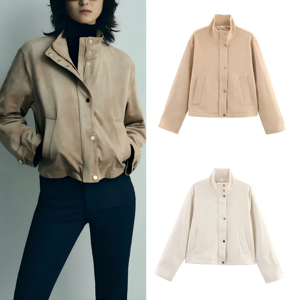 

Женская новая модная повседневная замшевая куртка с боковым карманом и воротником-стойкой, пальто в стиле ретро, женское пальто на молнии с длинными рукавами, шикарный топ