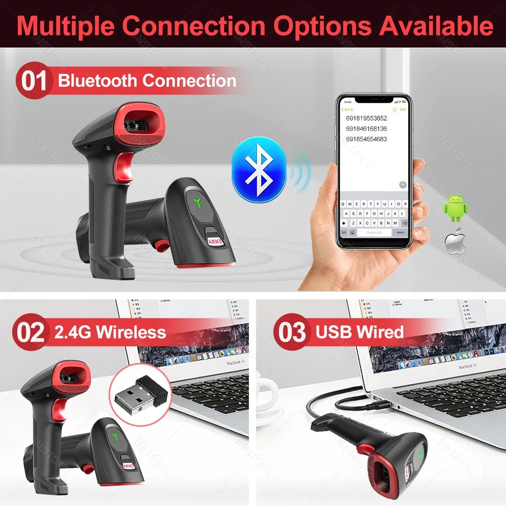 Escáner de código de barras 2D con Bluetooth, lector de código de barras QR inalámbrico Manual o automático, escáner USB preciso, matriz de datos para biblioteca de almacén