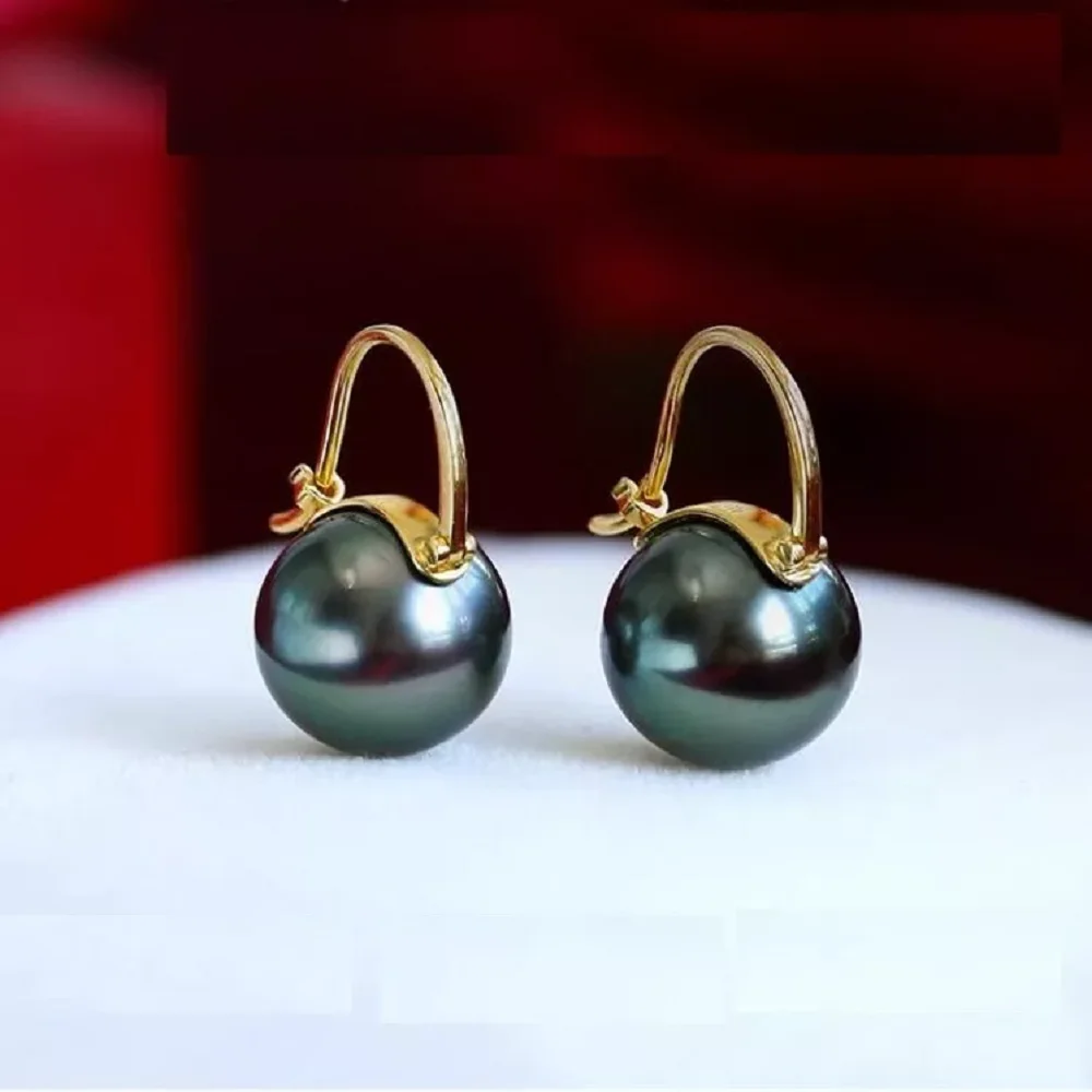Perfect Round AAAAA 10-11mm South Sea Black Natural Pearl Earrings