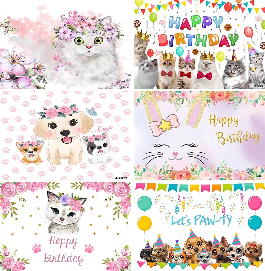 Photography Background Cat Happy Birthday Kitten Pet Paw Theme Party Kids Decorations Backdrop Photo Booth Studio Props