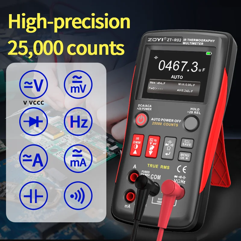 جهاز تصوير حراري ثنائي الفينيل متعدد الكلور مقاس 2.4 بوصة من الدرجة الصناعية ZOYI مع مقياس متعدد 25,000 عدد للاختبار الكهربائي للوحات الدوائر.