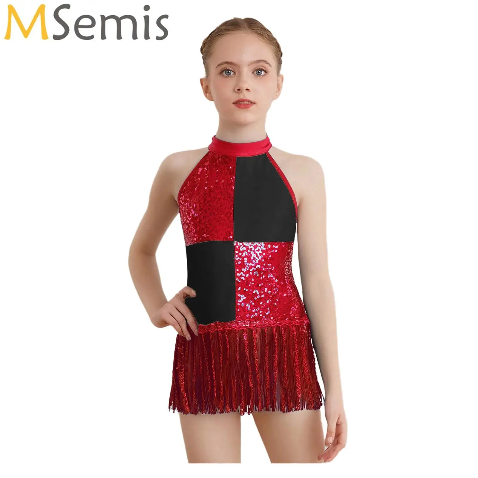 

Kids Girls Ballet Dance Jersey Gymnastics Leotard Skating Bodysuit Sequins Tassel Lyrical Latin Dance Performance Tutu Dress